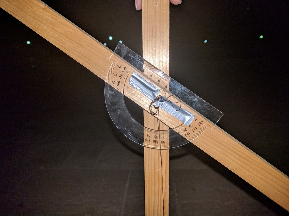 Zemepisná šírka je rovná $\left(\ang{90} - \phi_0 - \alpha\right)$, kde $\phi_0 = \arctan{\left(\frac{h}{t}\right)}$ je uhol, ktorý sme namerali.