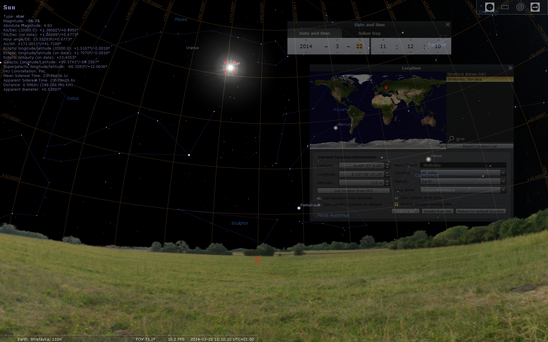 Obrazovka v Stellariu. Nastavili sme správnu polohu aj čas.