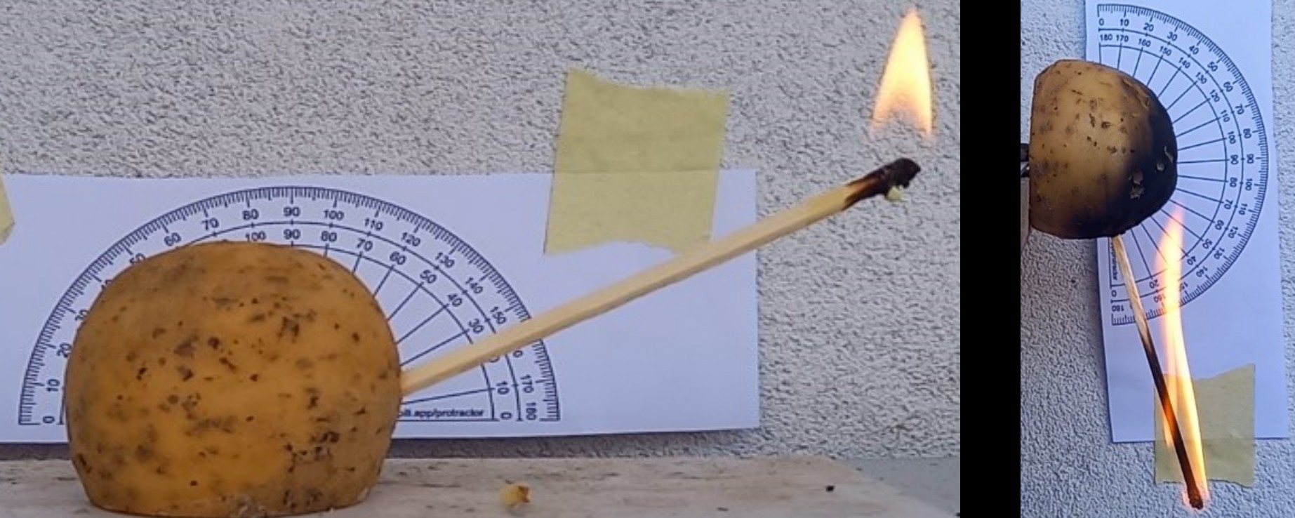 Rozdiel horenia zápalky pri rôznych uhloch